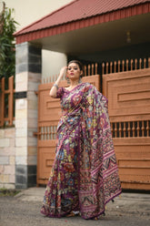 Delightful Kalamakari Worked Soft Linen Ruby Maroon Cotton Saree